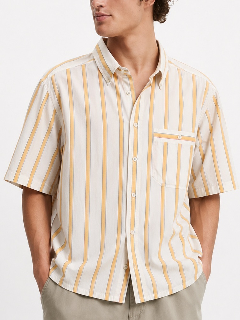 Vintage John Henry Yellow Stripe Button Down Shirt medium Short Sleeve